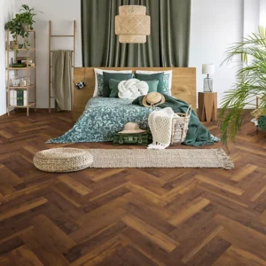 Chesterfield Dark Brown Natural Oak effect Synchronic Herringbone Laminate Flooring, 0.87m²