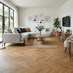 Herringbone LVT Planks for Contemporary Living Rooms