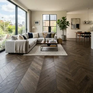 Smoked Oak Chevron Flooring for Contemporary Living Spaces