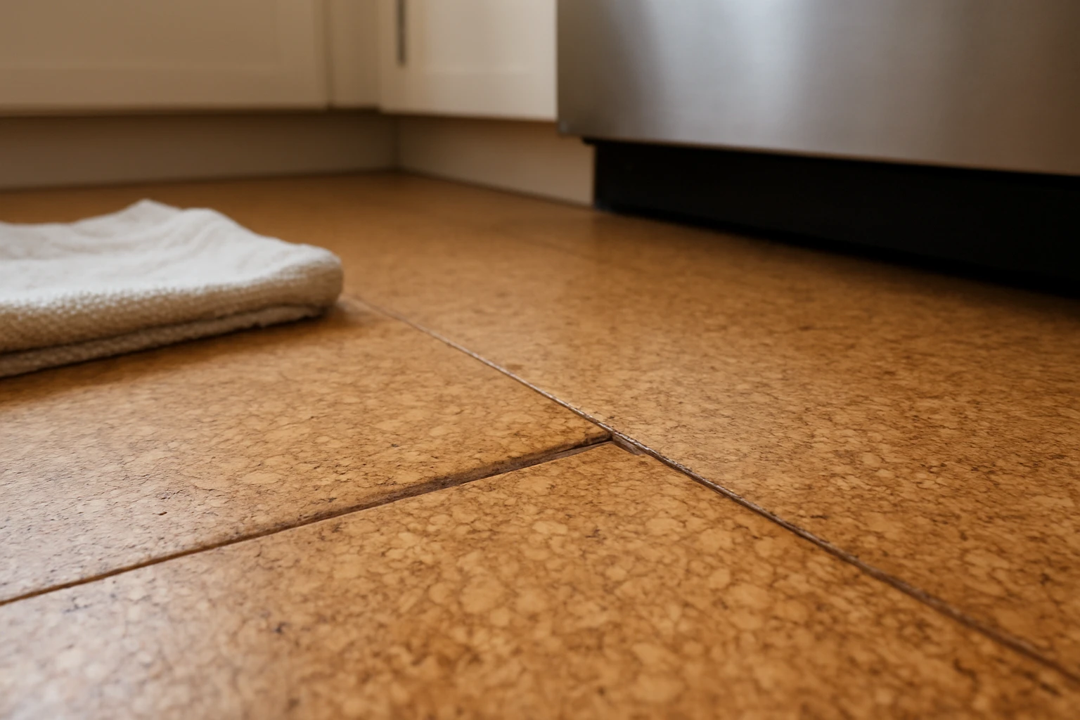 Cork flooring with raised seam and darkened edge